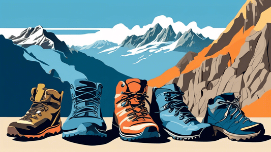 An array of different hiking boots and shoes displayed on a rocky trail, with mountains in the background, under a clear blue sky.