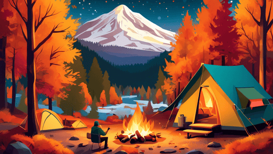 An enchanting scene of a cozy campsite nestled in the colorful autumn forests of Oregon with a light dusting of snow, featuring campers enjoying a warm campfire, surrounded by tents equipped for cold 