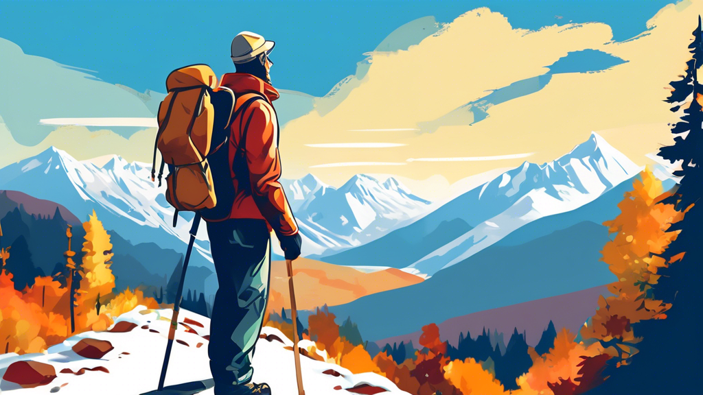 An experienced hiker with a backpack standing on a serene mountain path, overlooking a sweeping vista of snow-capped mountains and autumn-colored forests, consulting a map and equipped for cold weathe