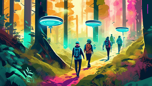 Digital artwork of futuristic hikers using advanced technology and equipment on a trail through a lush, digitally-enhanced forest with interactive trail markers and hovering guide drones.