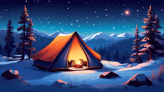 A cozy winter camping scene in the Colorado mountains, featuring a small tent glowing warmly at twilight, surrounded by snow-covered pine trees, with a clear view of the starry night sky and distant s