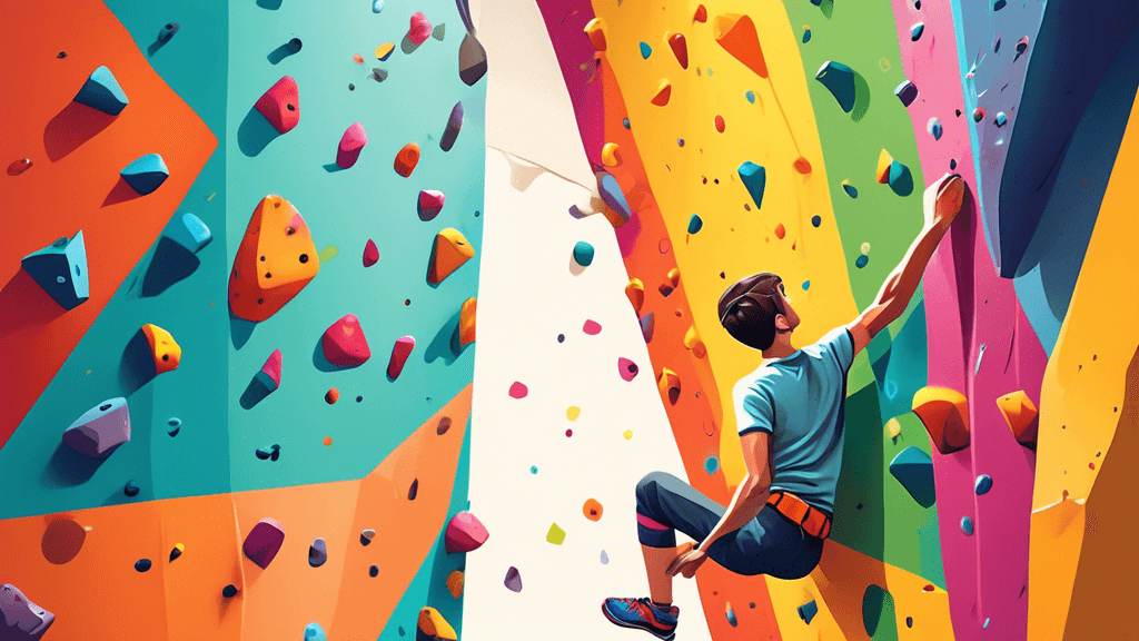 An eager young climber with a safety mat beneath, examining a colorful, easy bouldering route on an indoor climbing wall, in a bright and inviting gym atmosphere filled with various enthusiastic begin