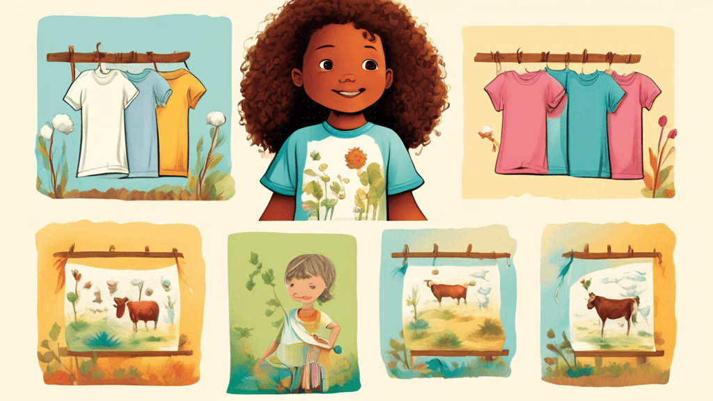 An illustrated sequence showing the transformation of organic cotton from a farm, through various stages of processing, to becoming a colorful, certified organic kids' t-shirt displayed in a chic bout