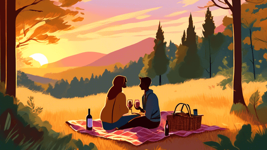 A romantic setting on a forest trail at sunset, with a couple hiking and enjoying a scenic view, featuring a picnic setup with a blanket, wine, and a basket, surrounded by lush greenery and soft golde