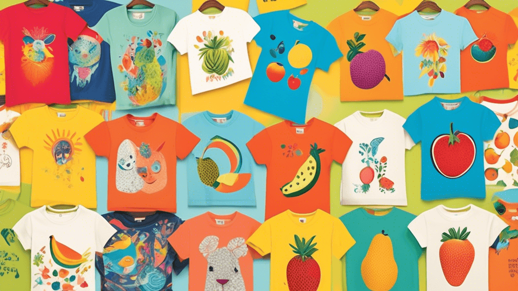 An array of ten vibrant and colorful kids' t-shirts with organic and vegan themes, displayed in a cheerful, sunlit boutique setting, each shirt featuring unique, playful designs such as fruits, animal