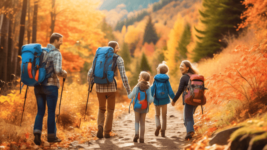 A joyful family of four, with two children, a boy and a girl, hiking on a scenic mountain trail during autumn. The family is playfully enjoying the colorful fall foliage, with the parents smiling and 