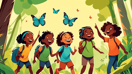 Group of children of diverse ethnicities wearing colorful, eco-friendly hiking t-shirts, laughing and pointing at a butterfly while walking through a lush green forest on a sunny day.