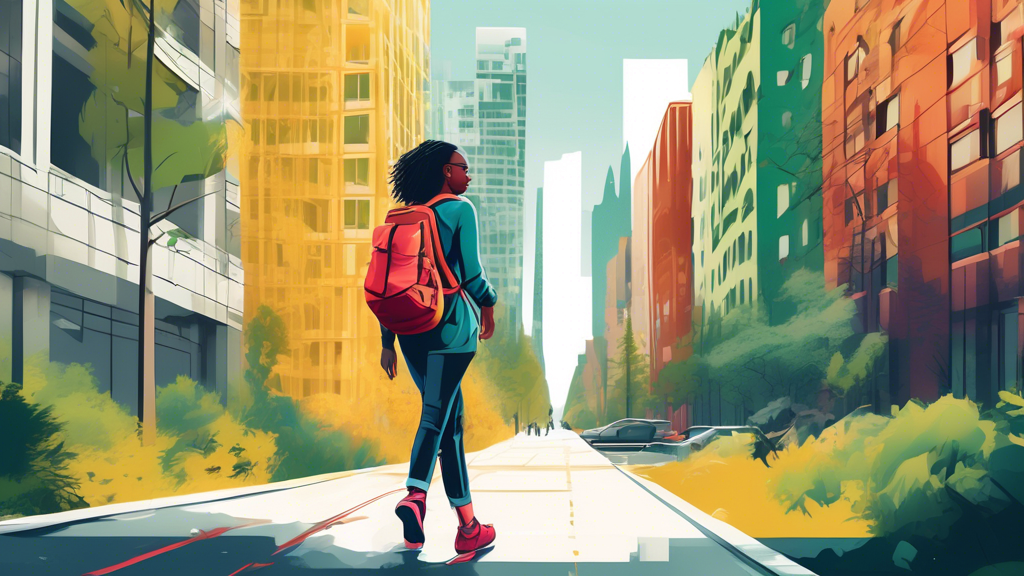 Digital illustration of a young woman transforming her outfit from hiking gear to stylish urban wear as she walks from a forest trail into a bustling city street scene, showcasing a blend of nature an