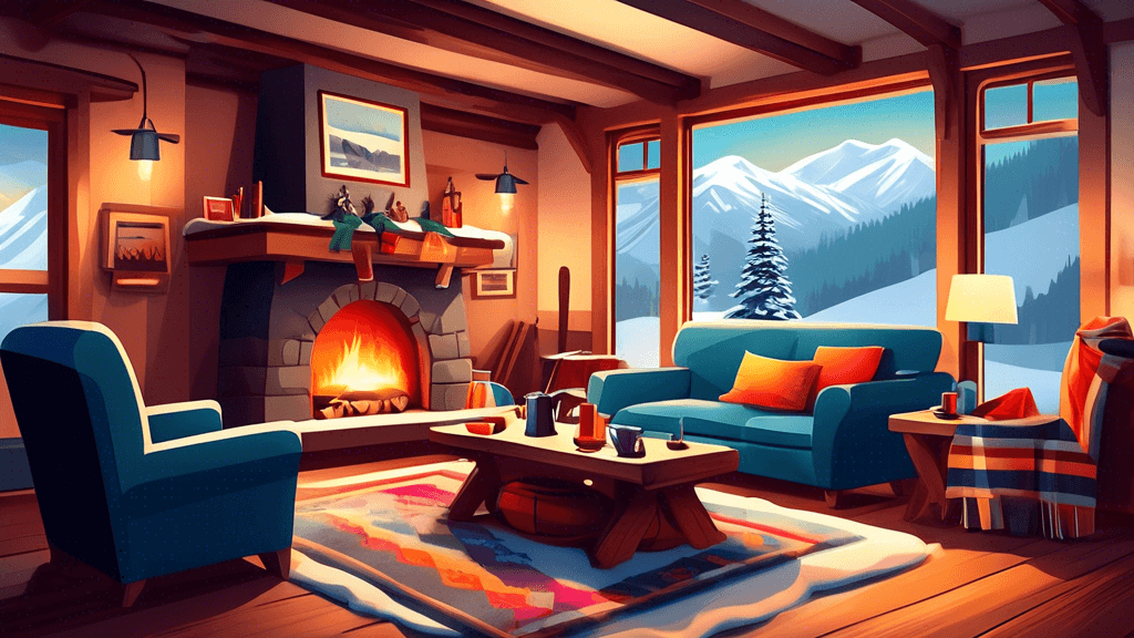 Create an image of a cozy, stylish ski lodge interior with skis, boots, and a helmet neatly arranged near a glowing fireplace. Include a snowy landscape visible through large windows, a plush sofa wit