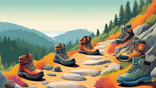 A panoramic landscape of a misty, forested mountain trail with a variety of hiking boots of different styles and colors, neatly arranged in a semicircle, each boot stepping onto the terrain they are d