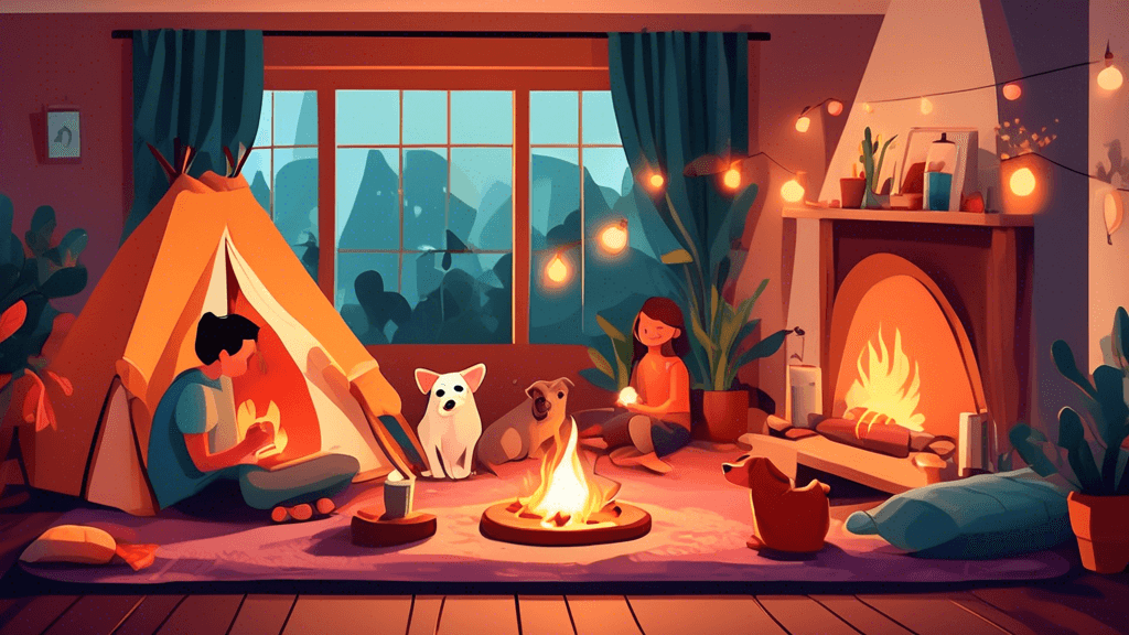 Cozy indoor camping scene in a living room with a tent made of blankets and fairy lights, surrounded by pillows, indoor plants, and a pretend campfire setup, with children roasting marshmallows and a 