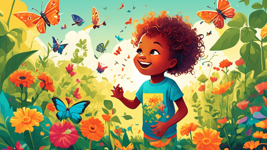 A vibrant illustration of a young child playing in a lush garden, wearing a bright, colorful organic and vegan t-shirt, surrounded by butterflies and birds, with a recycling bin and solar panels in th