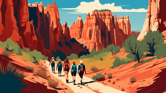 Digital artwork of a diverse group of women hiking together through the stunning, colorful landscapes of Zion and Bryce Canyon, with towering red rock formations and lush greenery under a clear blue s