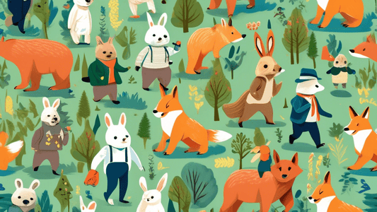 A playful illustration of various animals dressed in tiny hiking outfits, walking through a lush green forest, with a background of mountains and a clear blue sky. Each animal, including a bear, a fox