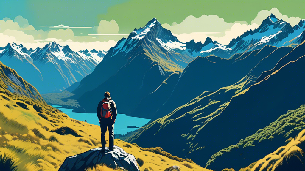 Stunning panoramic view of a hiker overlooking the majestic mountains and lush green valleys of the Routeburn Track, with vibrant blue skies and distant snow-capped peaks, in a digital art style.