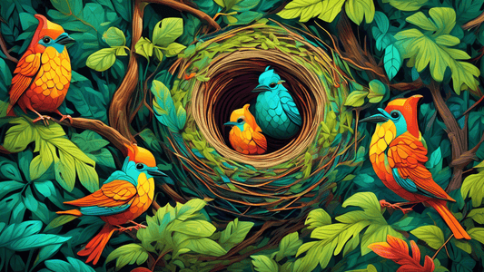 Magical and hidden bird nests intricately woven into unexpected places in a lush, vibrant forest, showcasing creativity in nature, with curious little birds peeking out.