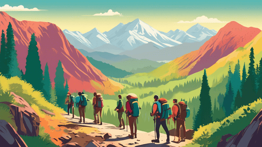 A panoramic landscape depicting a diverse group of hikers with backpacks standing at the trailhead of a new, unexplored mountain path surrounded by lush forests and distant peaks, under a clear mornin