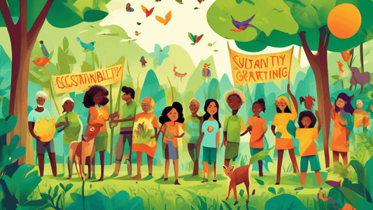 An idyllic scene of a serene, lush green forest filled with diverse wildlife, with a foreground of a happy diverse group of people of different ages and ethnicities wearing colorful organic and vegan 