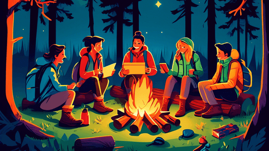 A group of cheerful friends exchanging gifts around a campfire in a forest setting during twilight, with camping gear, backpacks, and hiking boots visible, in a vibrant, illustrative style.