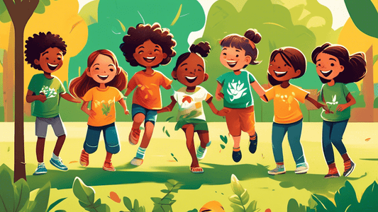 An illustration of a diverse group of children of various ethnicities, happily playing in a sunny park, each wearing different styles of eco-friendly, colorful t-shirts made from sustainable materials