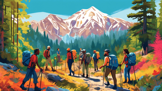 A digital painting showing a group of diverse hikers of various genders and ethnicities, each equipped with essential hiking gear, including backpacks, hiking boots, walking sticks, hats, and a water 