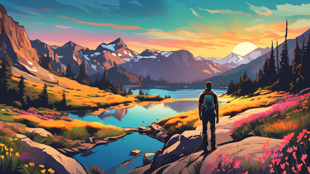 Digital artwork of a hiker viewing a sunset over the mountainous landscape of the John Muir Trail, featuring wildflowers, clear lakes, and towering Sierra Nevada peaks in the background.