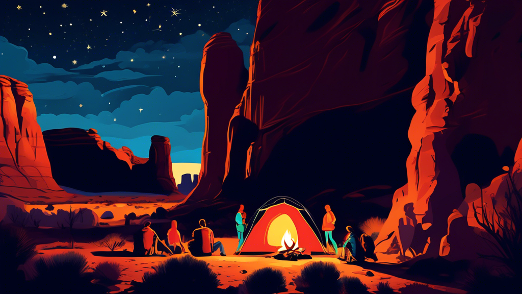 Starry night over a cozy campsite nestled among the iconic red rock formations of Arches National Park, with a small group of people sitting around a glowing campfire, their silhouetted figures agains