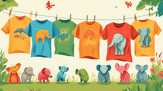 An array of colorful, eco-friendly children's t-shirts hanging on a clothesline in a sunny garden, each shirt featuring vibrant, playful designs of various animals like elephants, turtles, and birds, 