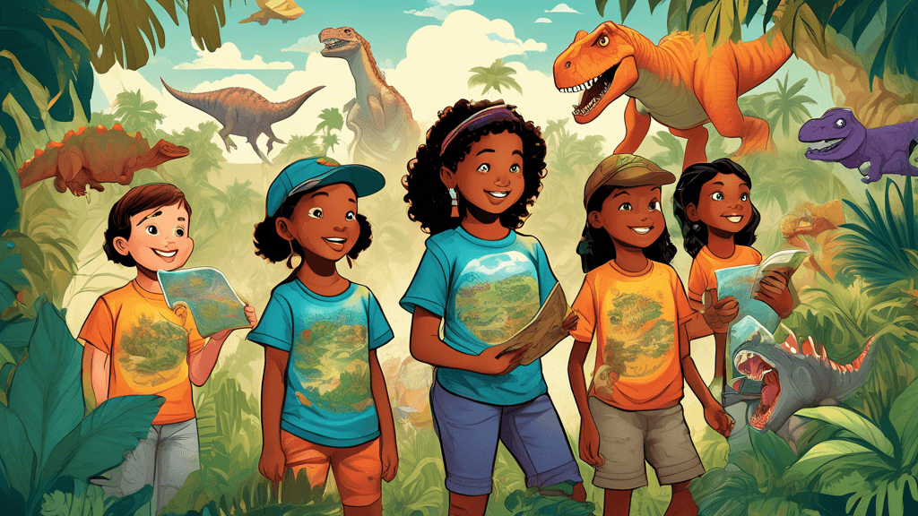 An illustration of a diverse group of children wearing themed t-shirts depicting maps, space, dinosaurs, and marine life, adventurously exploring a jungle filled with exotic plants and animals, with a