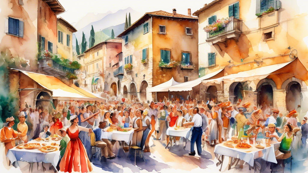 An intricate watercolor painting showcasing a bustling Italian street festival in a historic village, with traditional dancers in colorful costumes, musicians playing classical instruments, and tables