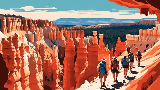 Stunning digital artwork of a diverse group of hikers exploring the vibrant, intricate trails of Bryce Canyon, showcasing its famous hoodoos and vast red rock landscapes under a clear blue sky.