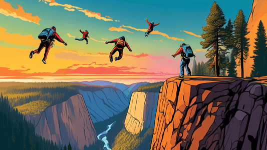 A panoramic view of three thrill-seekers base jumping off the rugged cliffs of Yosemite National Park at sunset, with vibrant colors in the sky and dense pine forests below, capturing a sense of adven