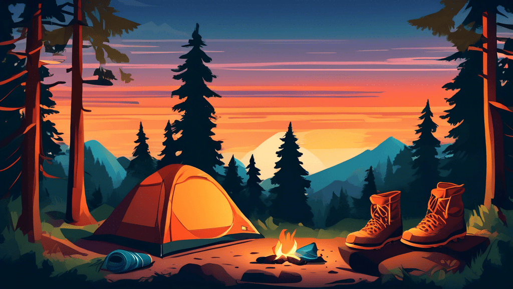 An illustration of a serene campsite at sunset, featuring a detailed display of essential camping gear such as a tent, sleeping bag, campfire, backpack, and a hiking boot, surrounded by a forest.