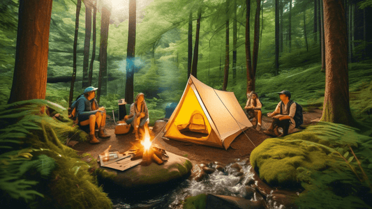 Create an image of a serene, lush green forest campsite showcasing a small tent made of recycled materials, with a group of cheerful campers, wearing sustainable hiking gear, gathered around a solar-p