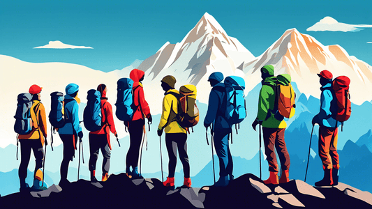 Create an image of a diverse group of hikers wearing various essential mountain climbing gear such as waterproof jackets, hiking boots, and backpacks, standing on a rocky mountain top with panoramic v