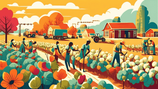 Colorful illustration of a bustling organic cotton farm with farmers harvesting cotton under a bright sun, and a nearby vegan textile factory where workers are crafting kids' t-shirts, with labels exp