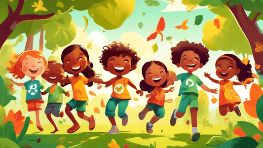 A group of joyful children of diverse ethnicities playing in a lush green park, wearing colorful vegan and organic cotton clothing, with a subtle backdrop of eco-friendly symbols like leaves and recyc