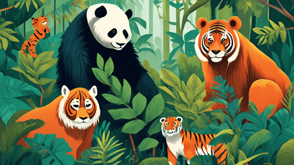 An illustration of a diverse group of endangered animals including a giant panda, a Sumatran orangutan, and a Siberian tiger, gathered in a lush, vibrant rainforest with informational plaques next to 