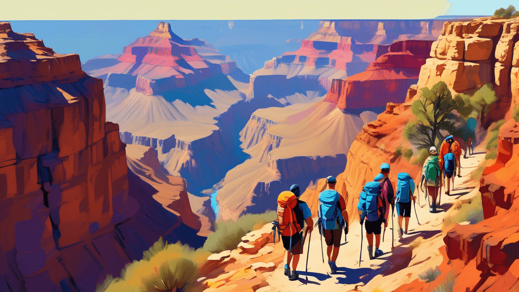 A vibrant, panoramic digital painting of a diverse group of hikers with backpacks trekging along a narrow winding trail in the vast, colorful landscape of the Grand Canyon under a clear blue sky