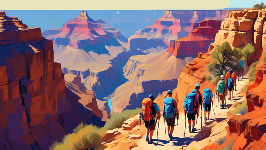 A vibrant, panoramic digital painting of a diverse group of hikers with backpacks trekging along a narrow winding trail in the vast, colorful landscape of the Grand Canyon under a clear blue sky