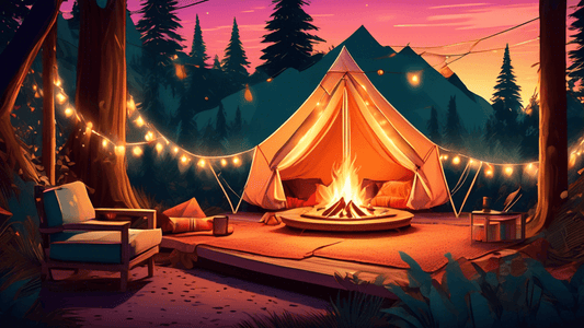 A luxurious glamping setup in a lush forest at sunset, featuring a large, beautifully decorated canvas tent with comfortable furnishings, twinkling fairy lights, and a cozy campfire outside.