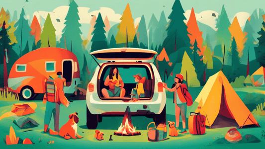 A whimsical illustration of a family with two small children, a dog, and parents packing camping gear into a car, surrounded by a forest setting, with tents, backpacks, a campfire, and colorful sleepi