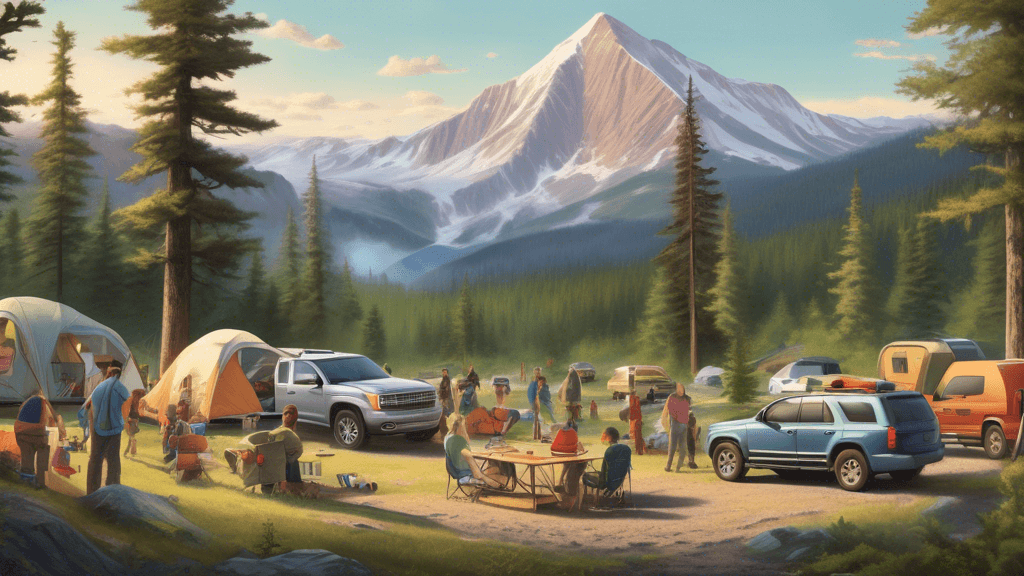 A serene landscape depicting a progression from a busy campground with families and cars to a peaceful, remote mountain forest. In the foreground, show people setting up a campsite near their car, enj