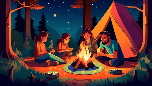 An illustration of a family playing board games by the light of a campfire in a forest setting during twilight, with tents and sleeping bags visible, and a clear starry sky above.