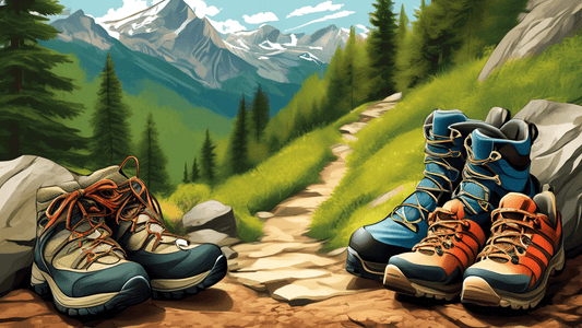 Create an image of a scenic mountain trail with various types of durable hiking footwear displayed along the path, including rugged boots, sturdy trail shoes, and supportive hiking sandals. Ensure the