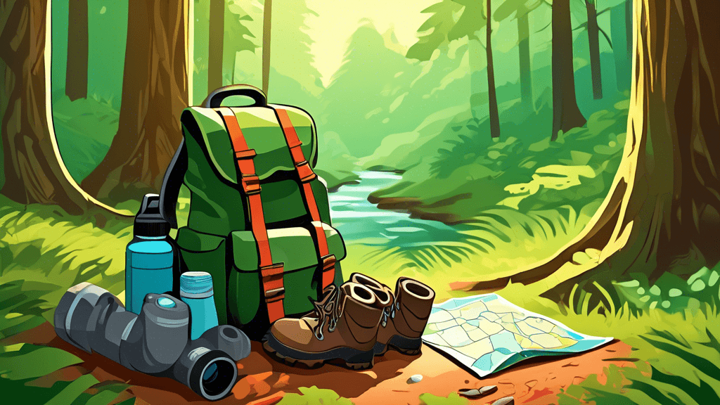 Artistic depiction of a backpack, hiking boots, map, water bottle, and binoculars laid out on a lush green forest floor with soft sunlight filtering through the trees.