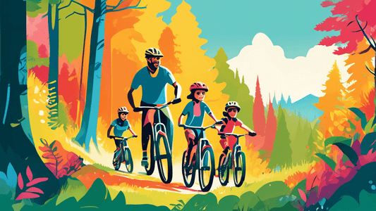 An illustrated family of four, with two adults and two children, joyfully riding mountain bikes through a lush, vibrant forest on a sunny day, with mountains in the background and a clear blue sky.