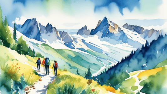 Vibrant watercolor illustration of a picturesque hiking trail in the French Alps, with hikers admiring the panoramic views of snow-capped mountains and lush green valleys below a clear blue sky.