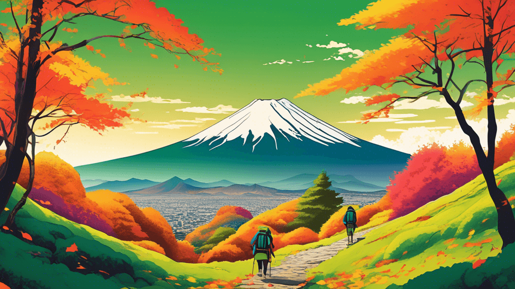 A breathtaking panoramic view of a serene, lush green landscape with Mt. Fuji in the background, surrounded by vibrant autumn colors and small hikers exploring winding trails.