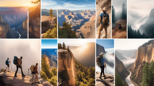 Create an image showcasing a collage of iconic hiking destinations in the USA. Include: the Grand Canyon with a hiker looking out over the vast expanse, the lush trails of the Great Smoky Mountains wi